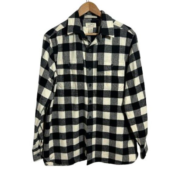 LL BEAN Heavy Chamois Plaid Shirt M Black White 100% Cotton Button Up 277981 - Picture 1 of 5